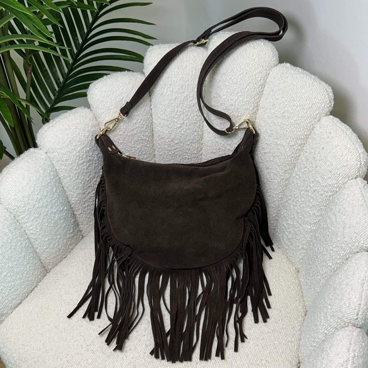 JANE - SUEDE FRINGE BAG DARK CHOCOLATE