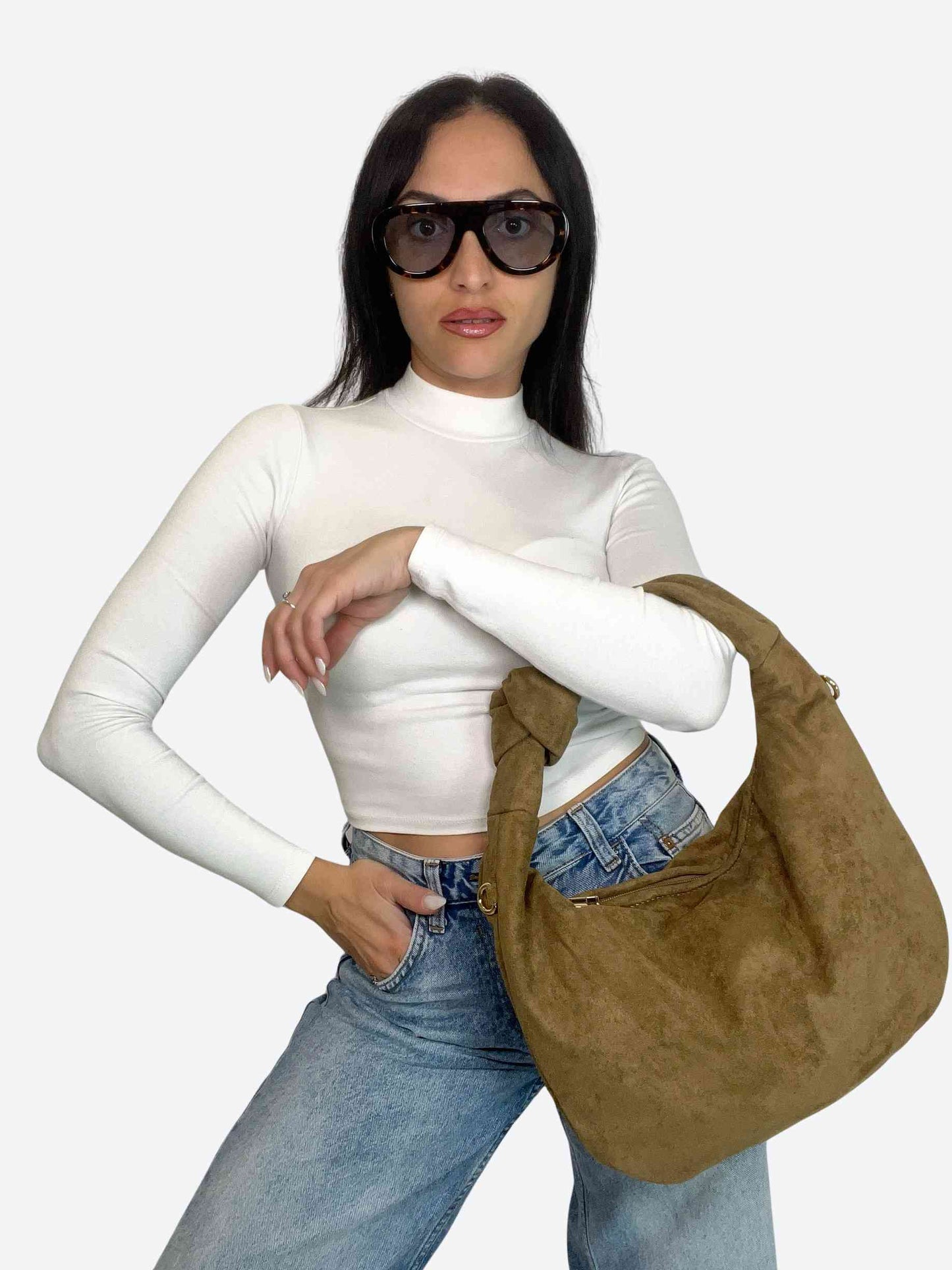 JOLIE MIDI - SUEDE KNOT BAG KHAKI BROWN