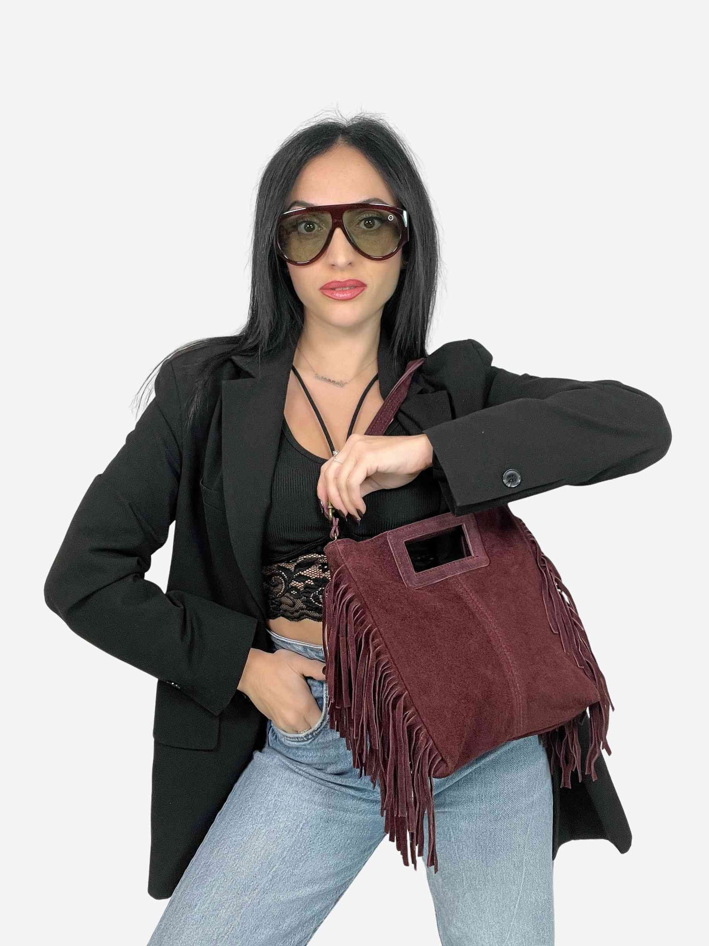 MAYA BOHO FRINGE BAG - BURGUNDY