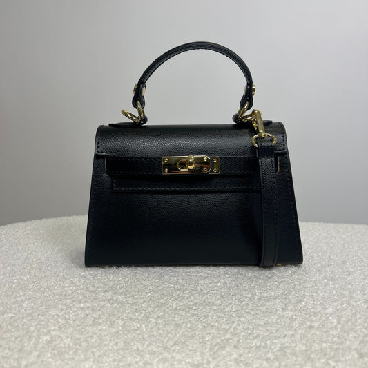 Borsa mini nera in pelle con chiusura metallica dorata e tracolla removibile - ÈCLAT mini kelly hermes 2