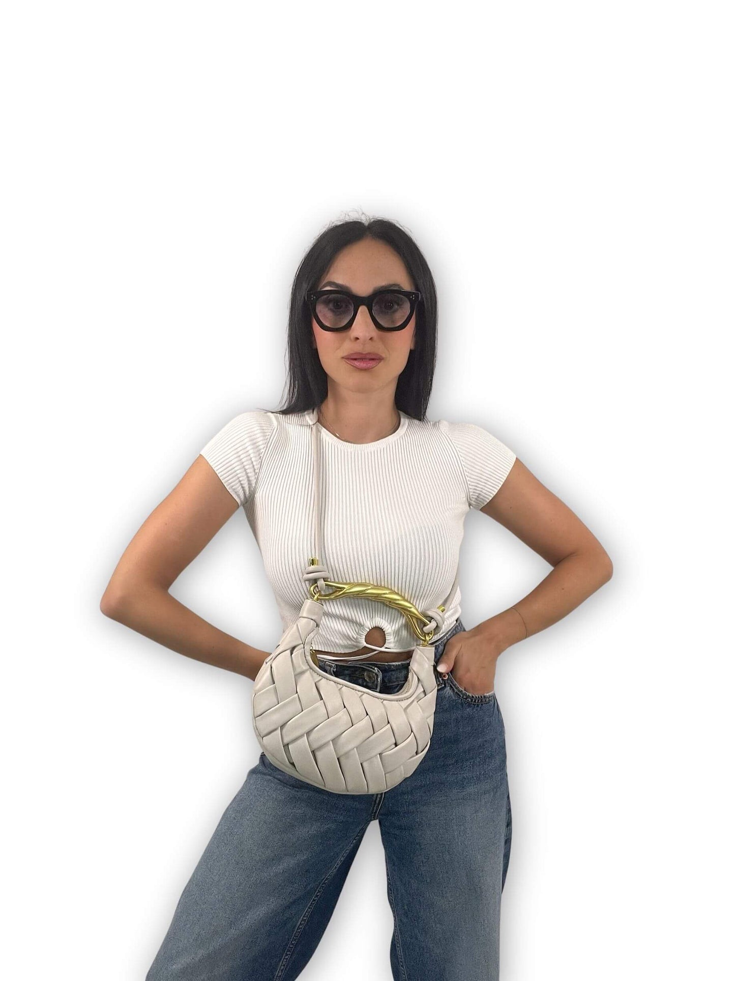 Borsa artigianale ÈCLAT grigio champagne portata crossbody – twist handle oro