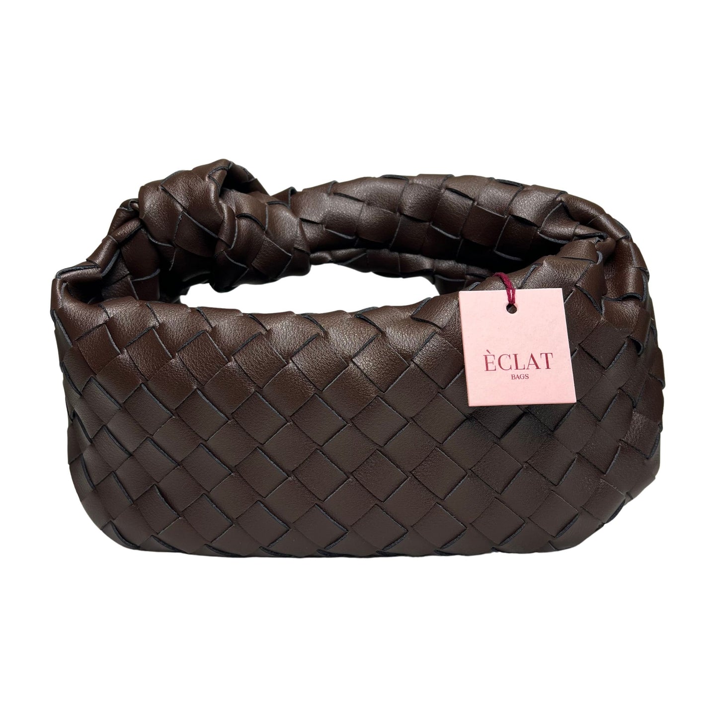 Borsa artigianale a mano color marrone fondente intrecciata con dettaglio a nodo, modello Knot firmato ÈCLAT.