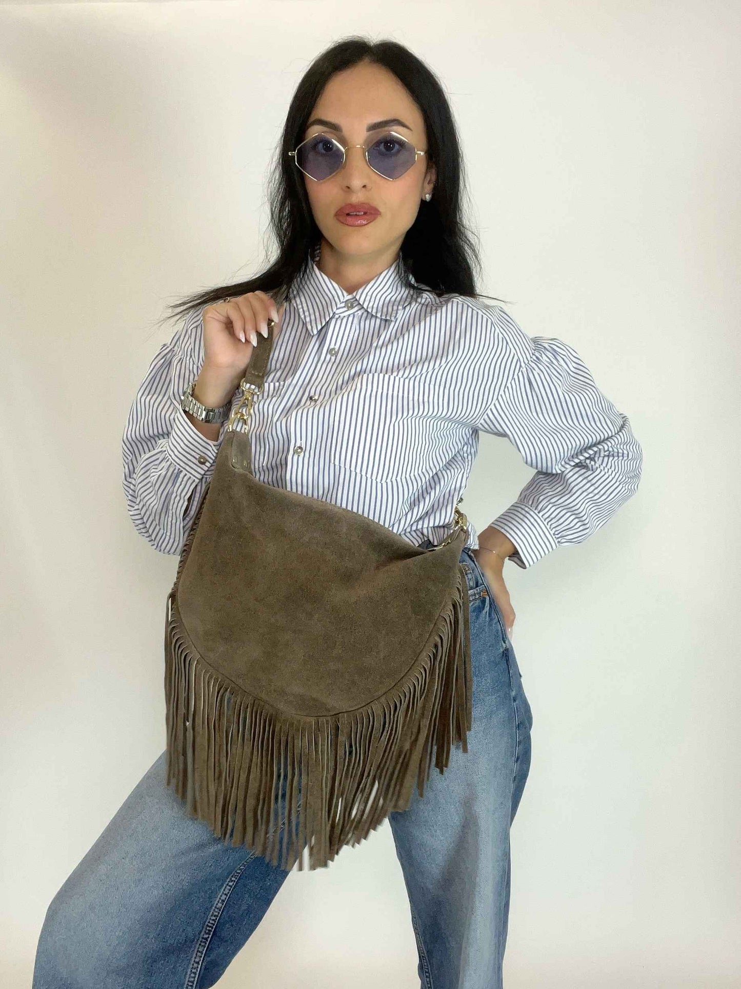 JANE - SUEDE FRINGE BAG TAUPE
