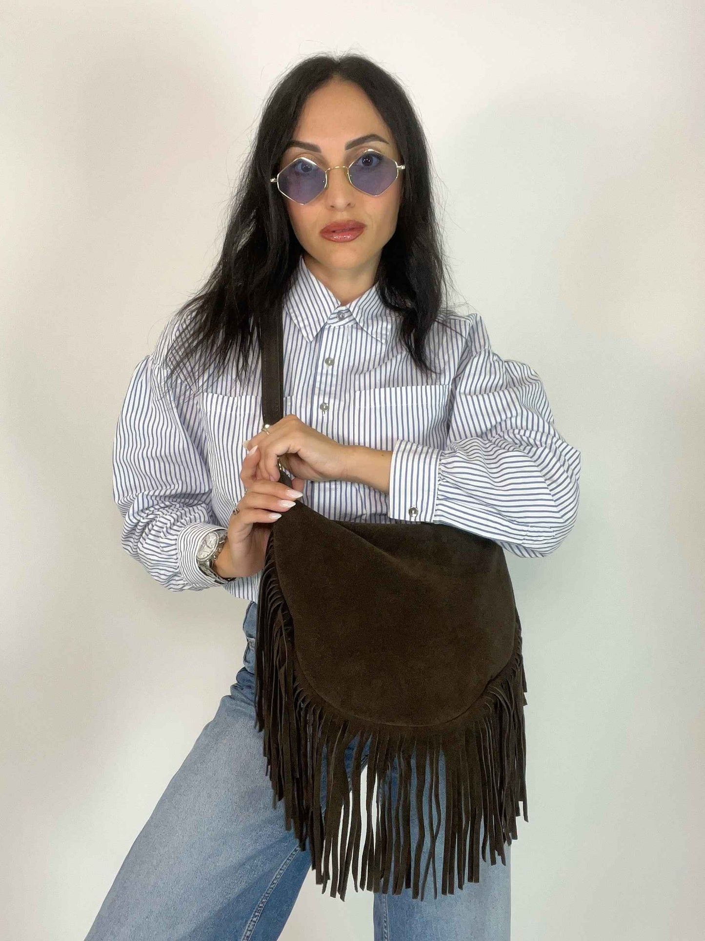 JANE - SUEDE FRINGE BAG DARK CHOCOLATE