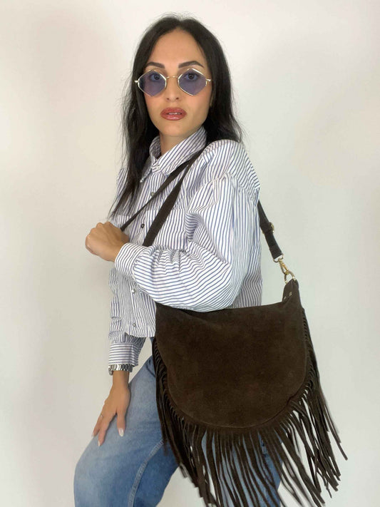 JANE - SUEDE FRINGE BAG DARK CHOCOLATE