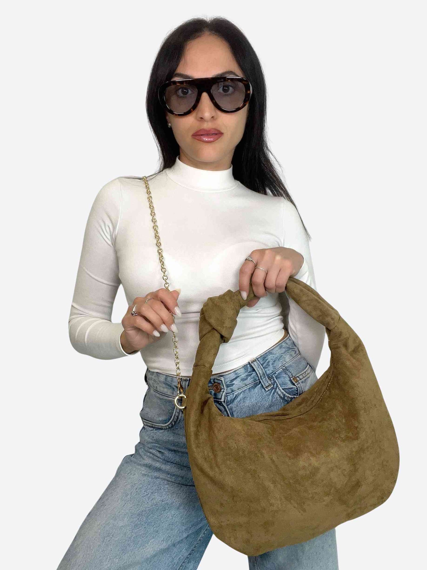 JOLIE MIDI - SUEDE KNOT BAG KHAKI BROWN