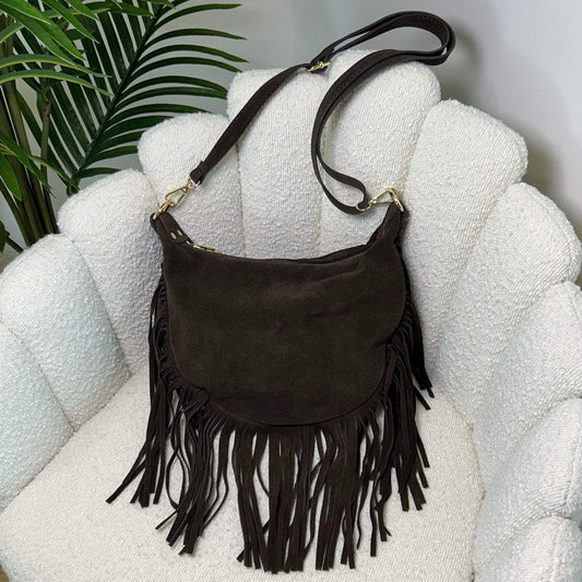JANE - SUEDE FRINGE BAG DARK CHOCOLATE