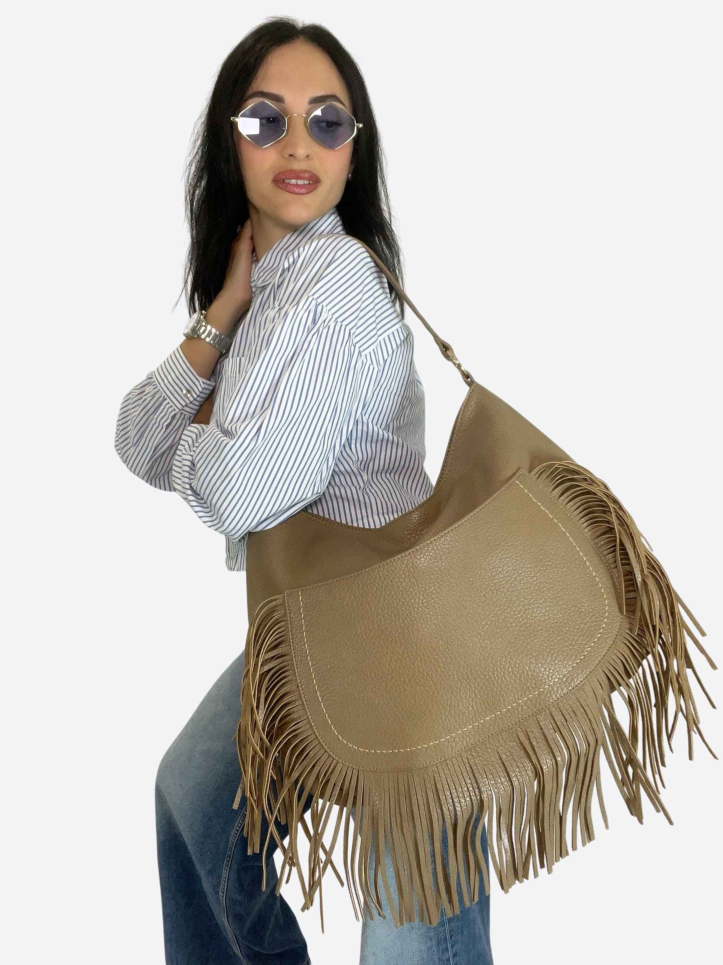 DAKOTA - SHOULDER FRINGE BAG BEIGE TAUPE