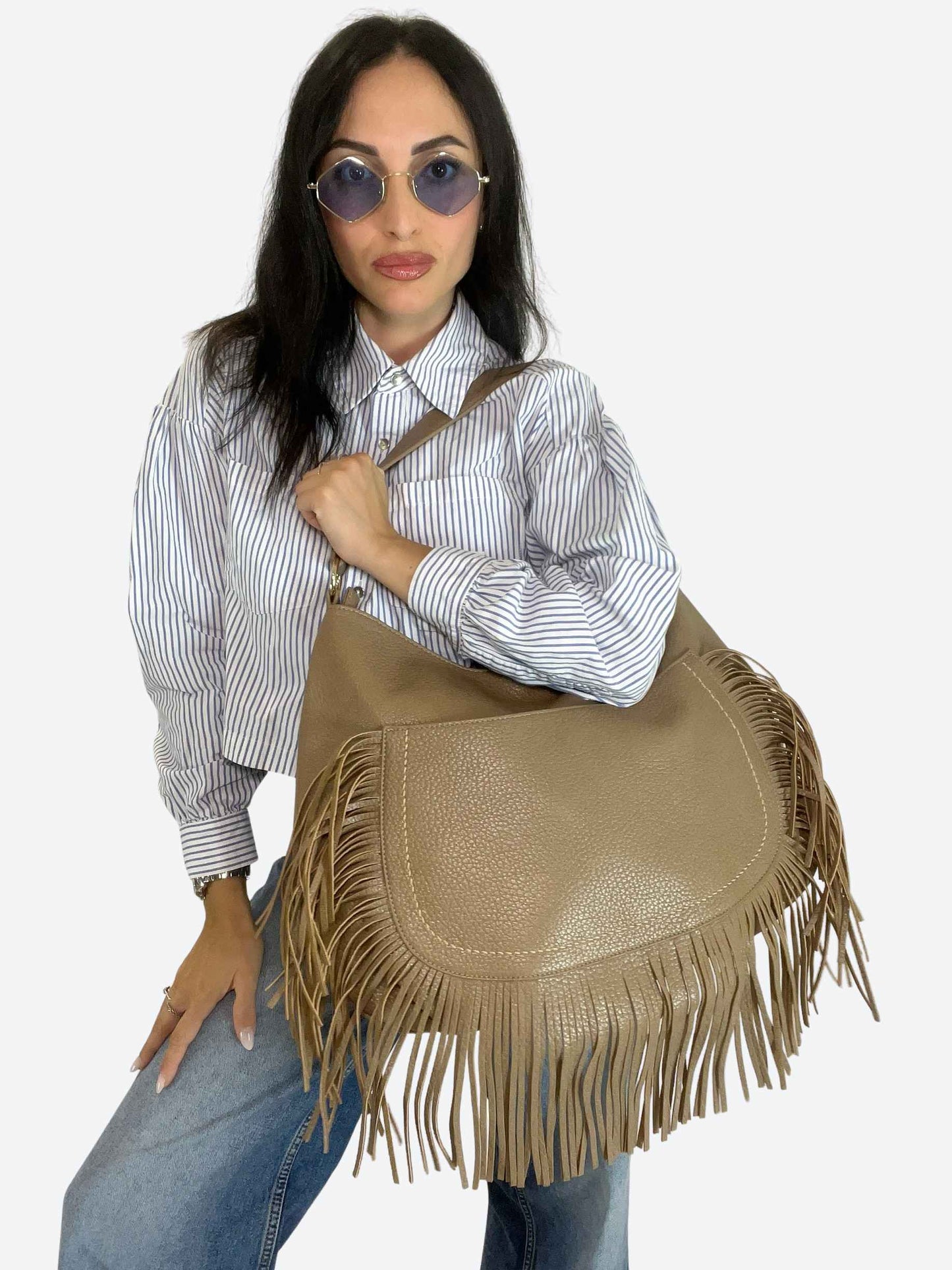 DAKOTA - SHOULDER FRINGE BAG BEIGE TAUPE