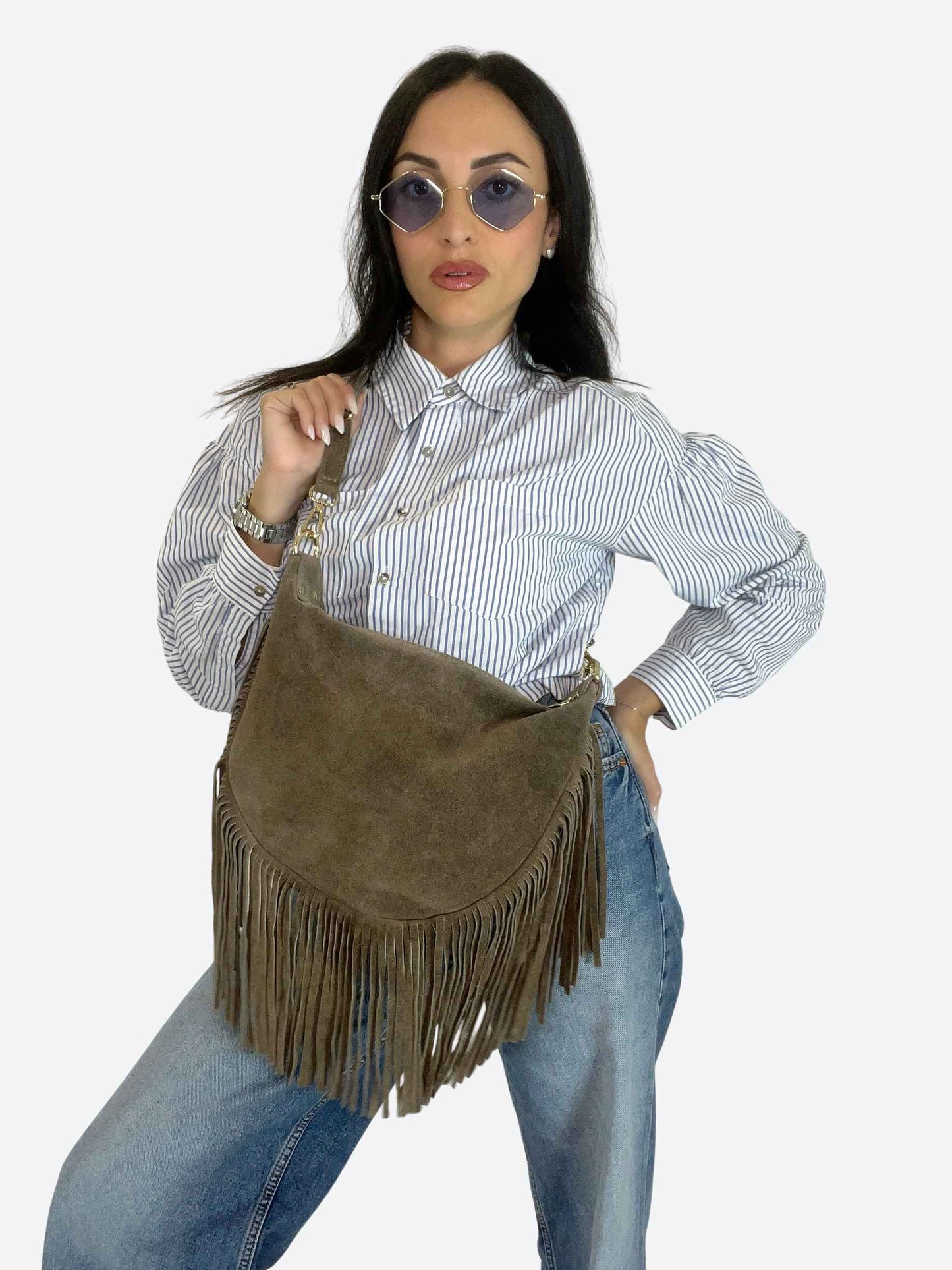 JANE - SUEDE FRINGE BAG TAUPE