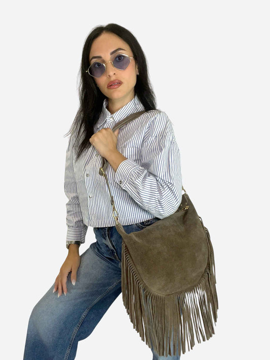 JANE - SUEDE FRINGE BAG TAUPE