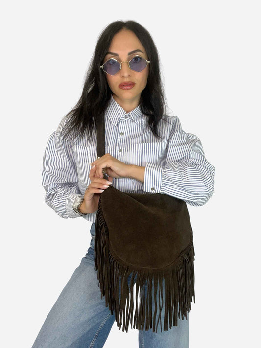JANE - SUEDE FRINGE BAG DARK CHOCOLATE
