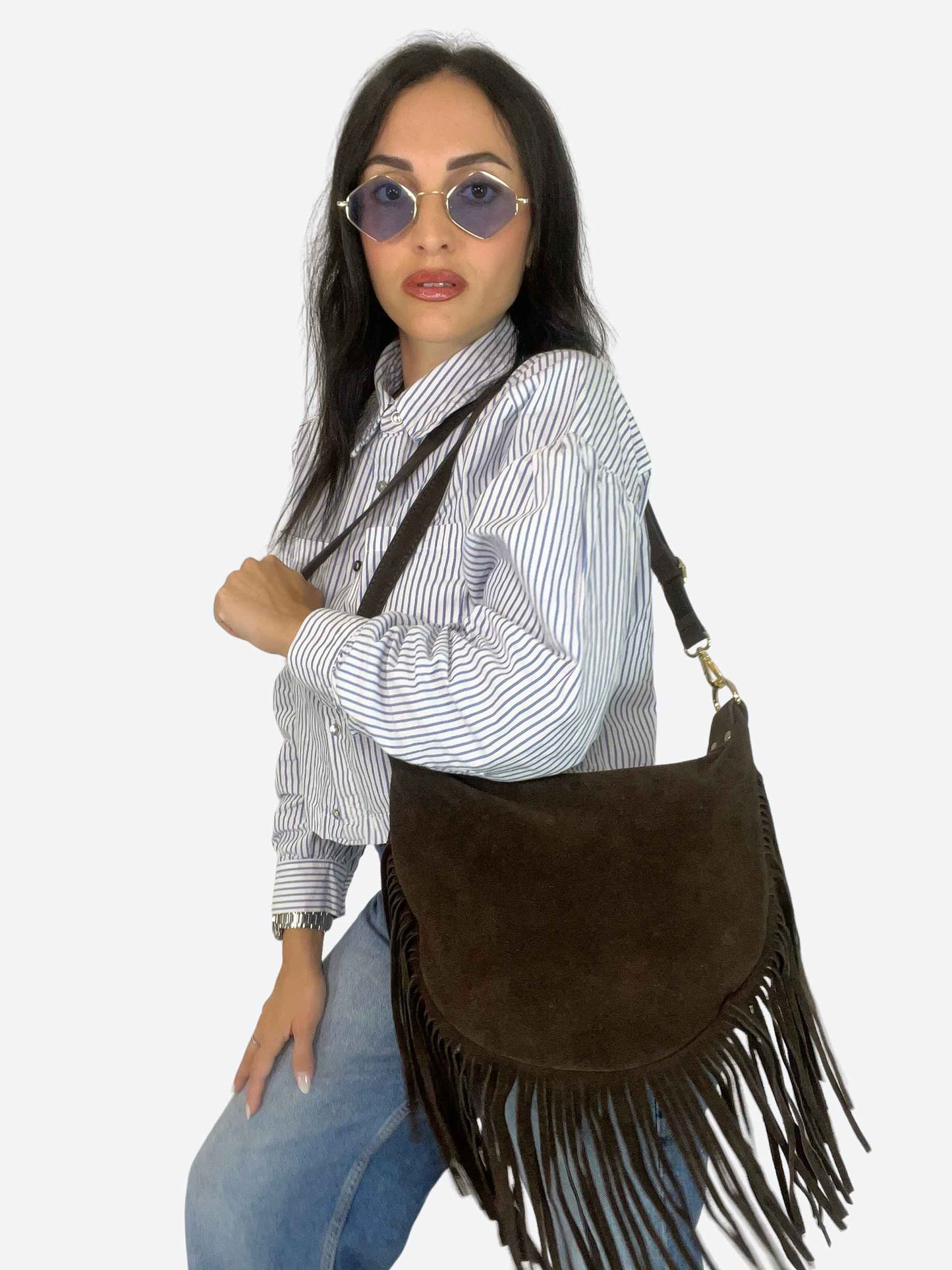 JANE - SUEDE FRINGE BAG DARK CHOCOLATE