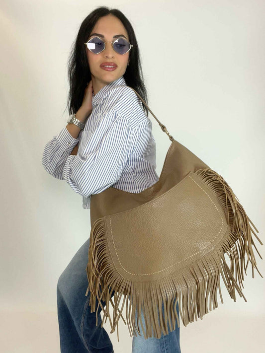 DAKOTA - SHOULDER FRINGE BAG BEIGE TAUPE