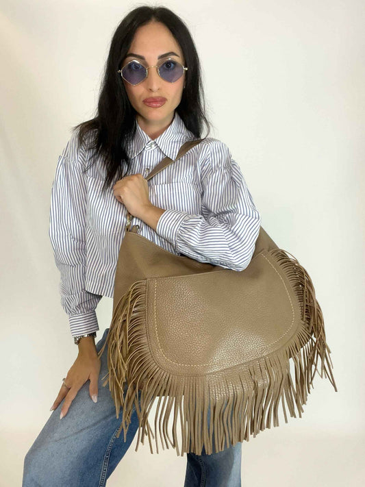 DAKOTA - SHOULDER FRINGE BAG BEIGE TAUPE